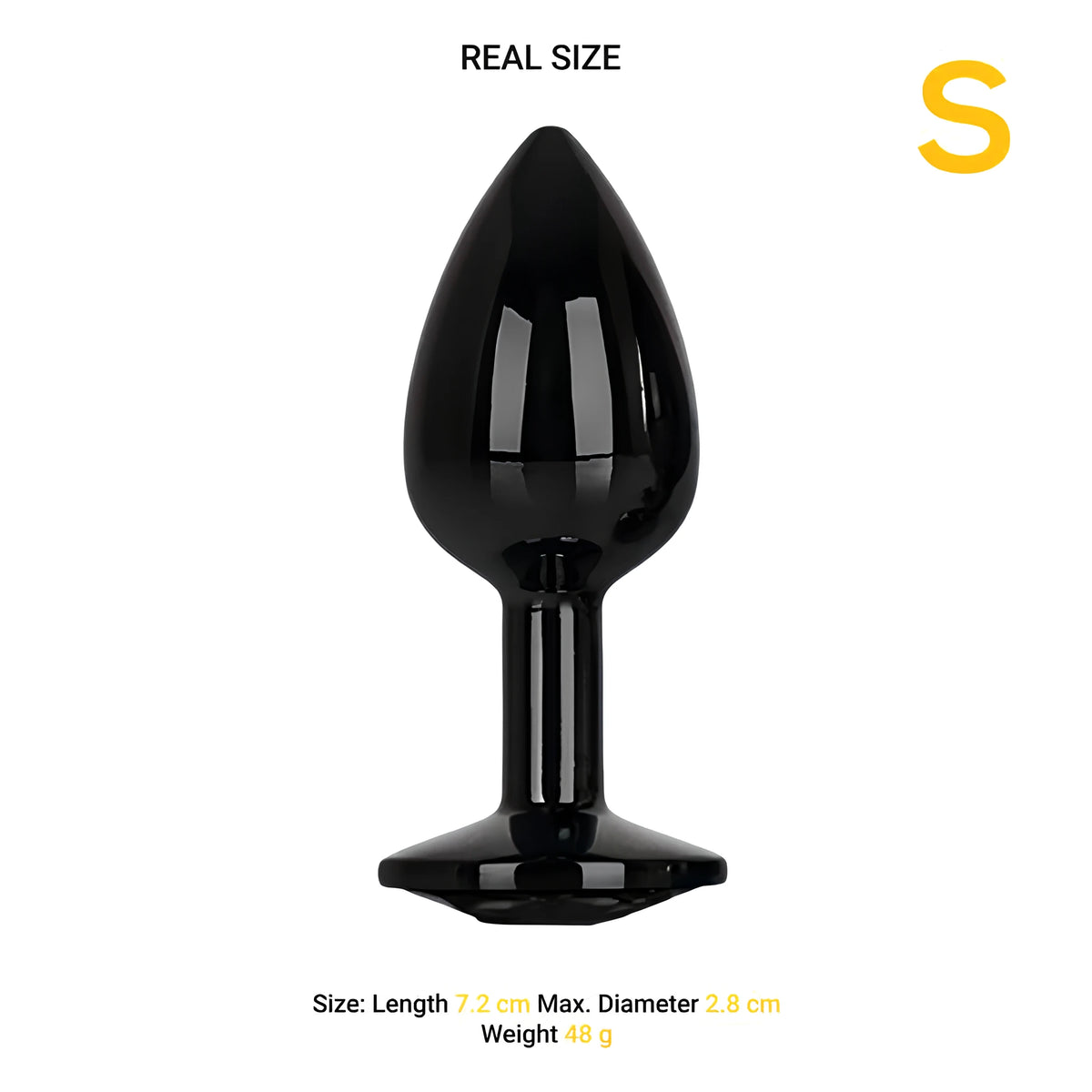 Анален разширител Black Gem S в реален размер: размер S, дължина 7,2 см, максимален диаметър 2,8 см, тегло 48 г