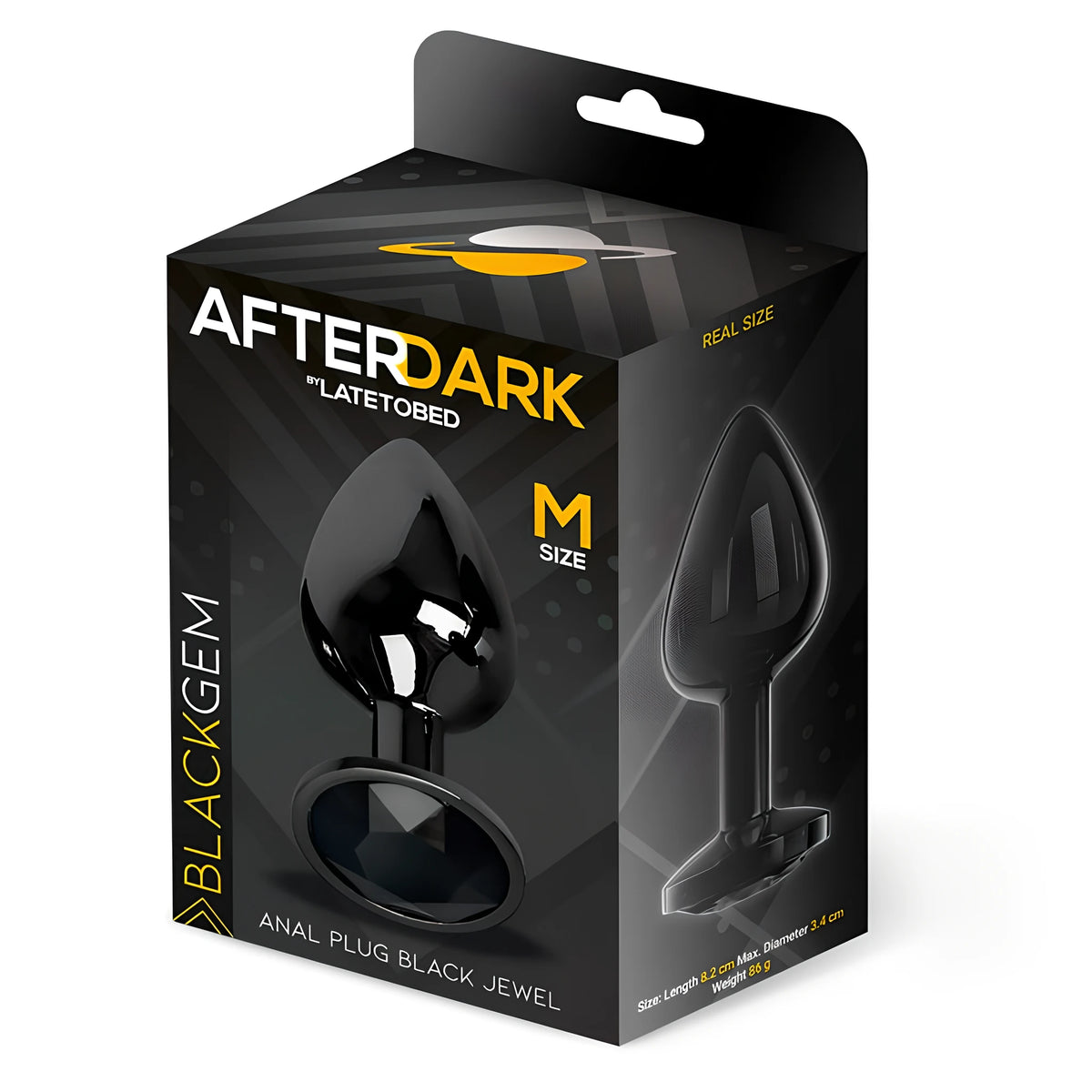 Черна кутия на Black Gem размер M от серията After Dark by LateToBed с реален размер на продукта: дължина 8,2 см, диаметър 3,4 см, тегло 86 г