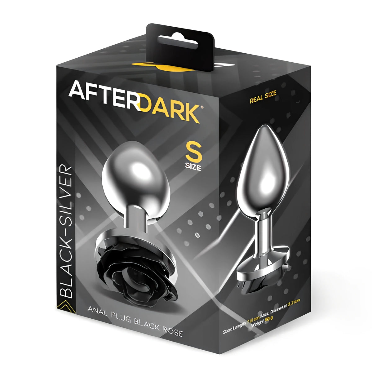 Кутия на Анален разширител Black Rose, размер S, на марка After Dark, в черно и сребристо, с изображение на металната играчка с черна роза
