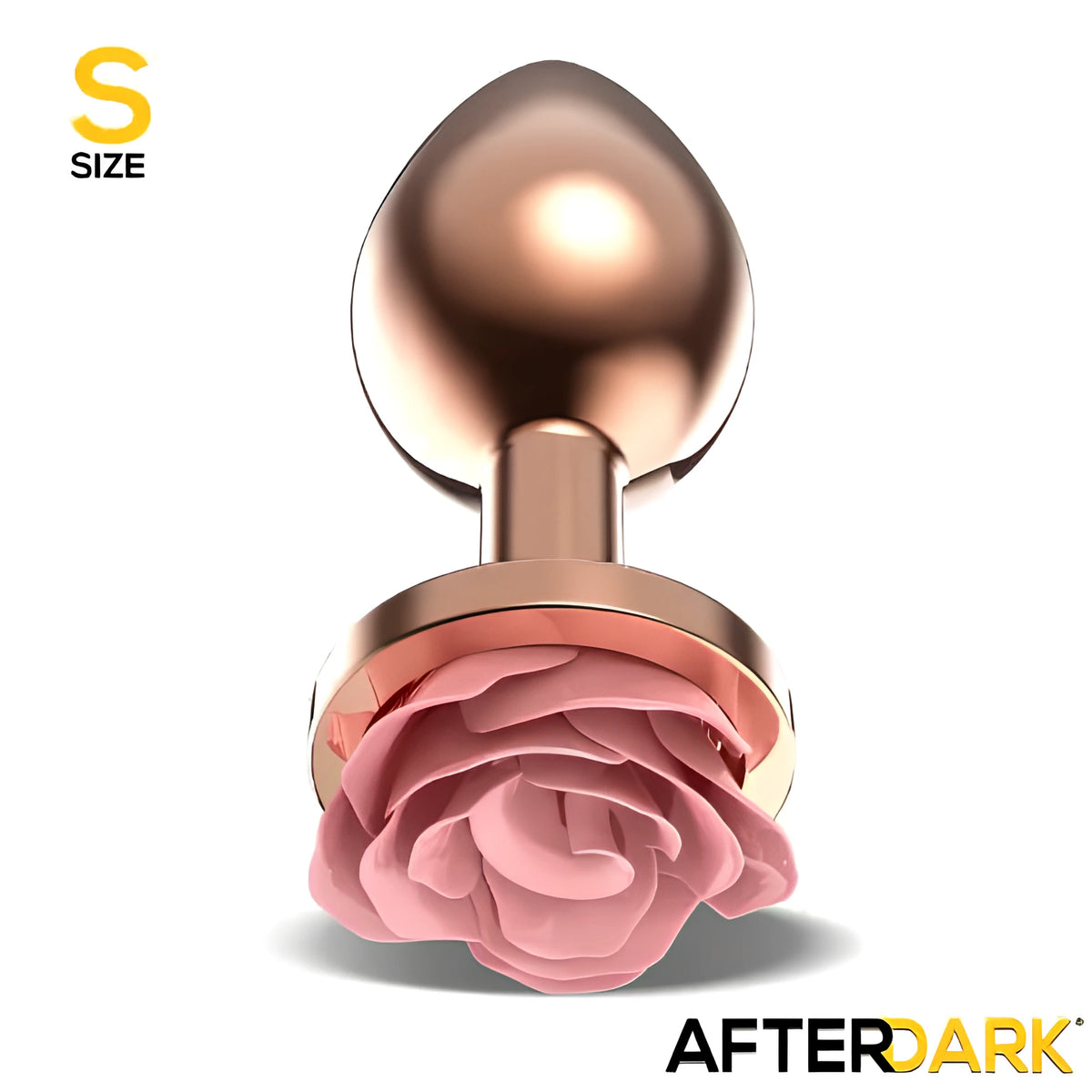 Анален разширител Pink Rose размер S в розовозлатист метал с розова роза в основата, изглед отпред, с надпис S SIZE