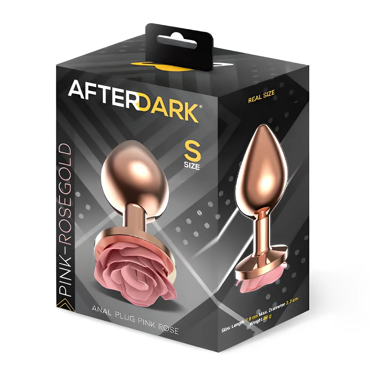 Кутия на Pink Rose размер S в розово злато с надпис After Dark, с изображение на аксесоара с роза и страничен изглед в реален размер