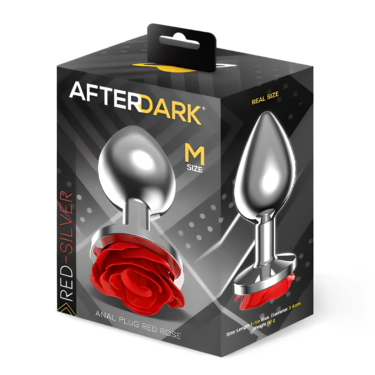 Кутия на Red Rose, размер M, с лого After Dark: метална тапа с червена роза в основата и надпис „Real size“