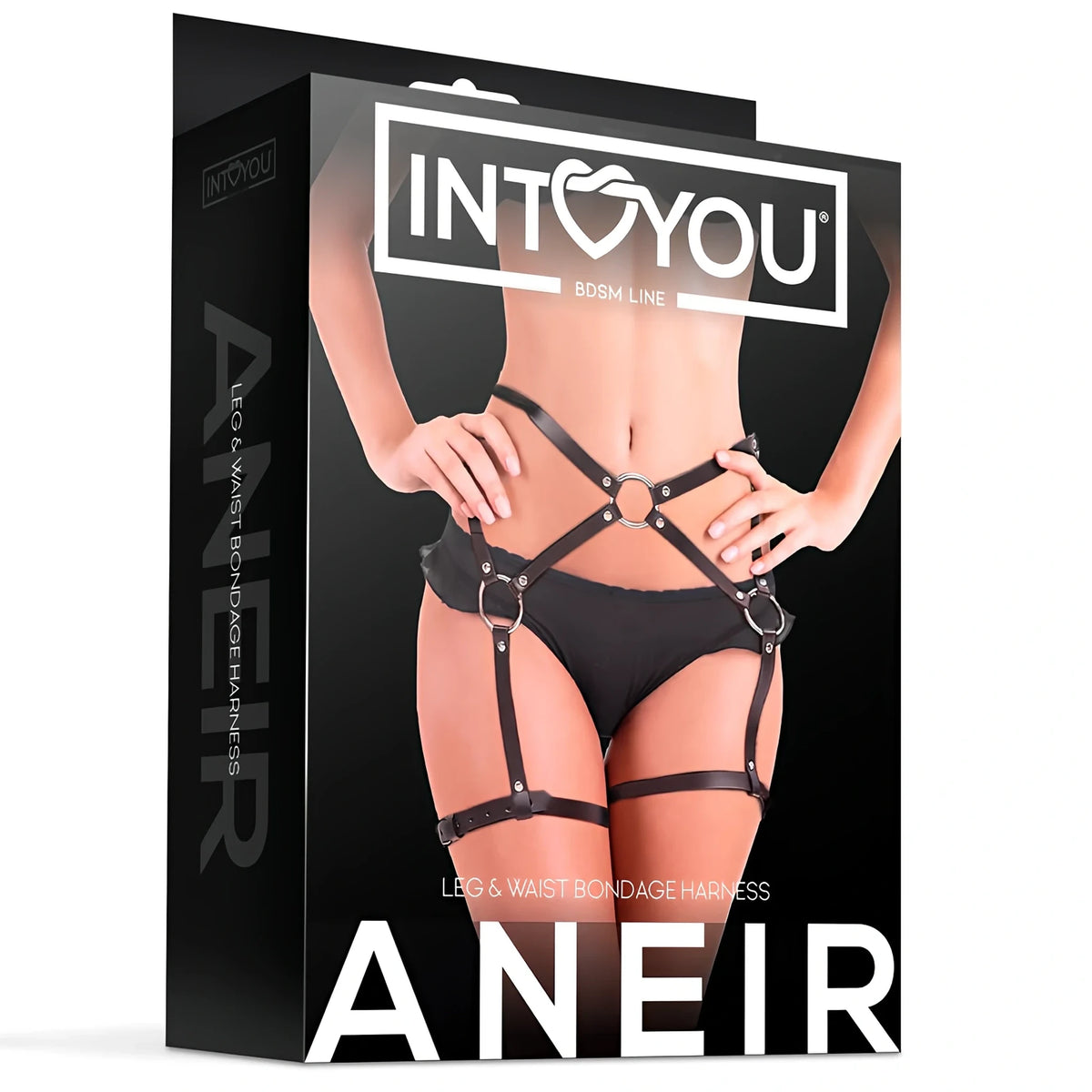Черна кутия на Aneir Leg & Waist Bondage Harness от линията BDSM на INTO YOU, с модел в черен кожен колан с халки и жартиери за бедрата