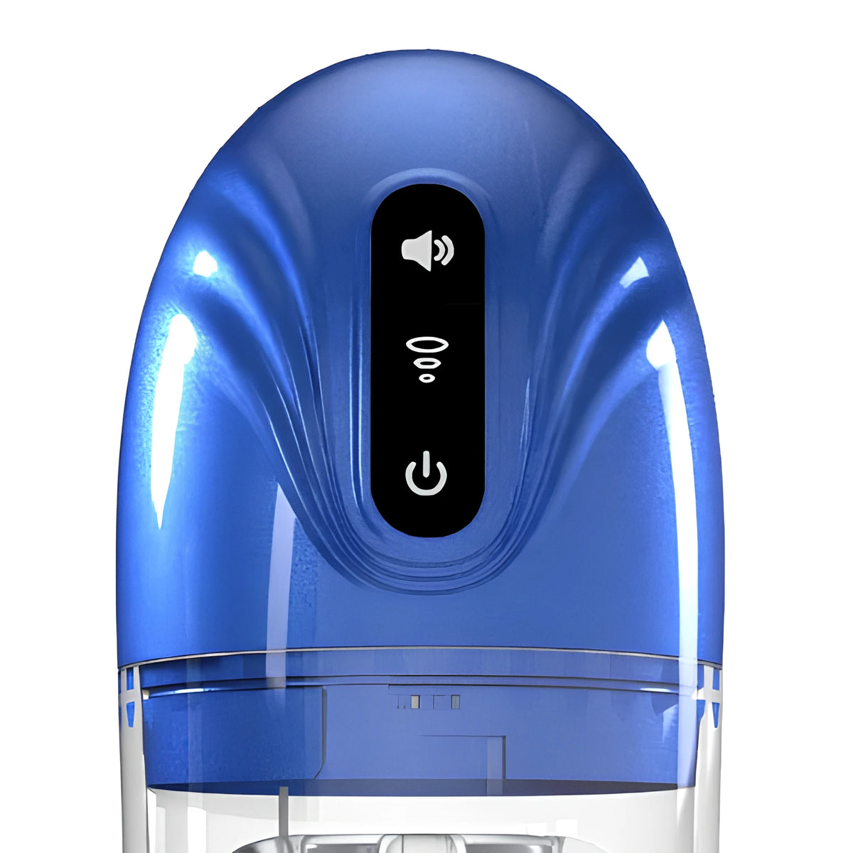 Close-up на синия капак на SonicPull Blue със сензорен панел с три икони: звук, режим на работа и бутон за включване