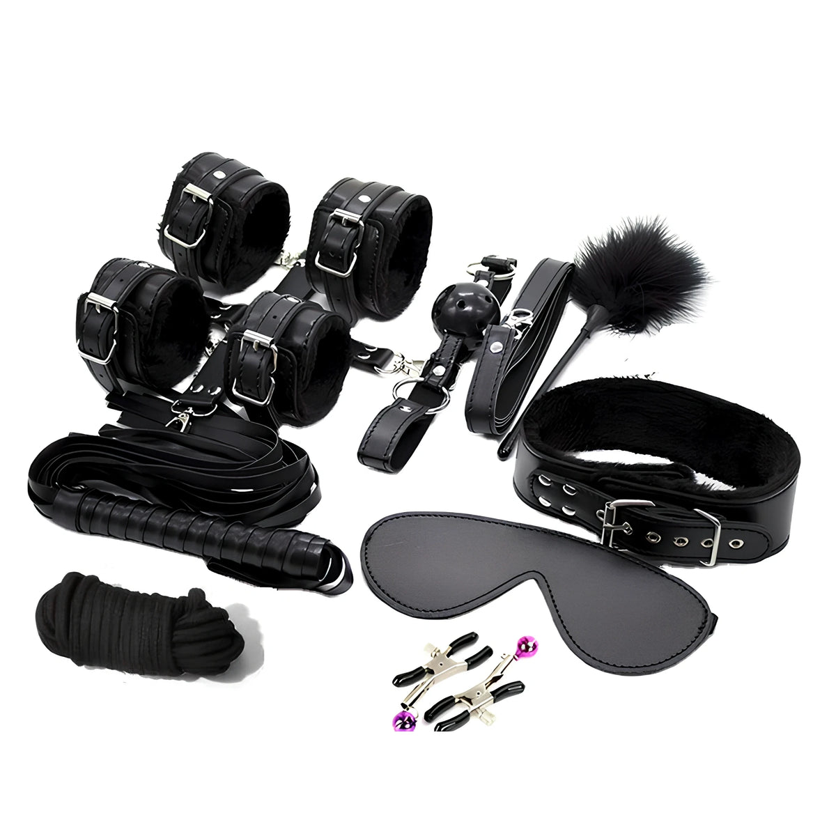 BDSM комплект от 10 части Control Me на Guilty Toys в черно: маншети, нашийник, превръзка за очи, камшик, перо, въже и щипки
