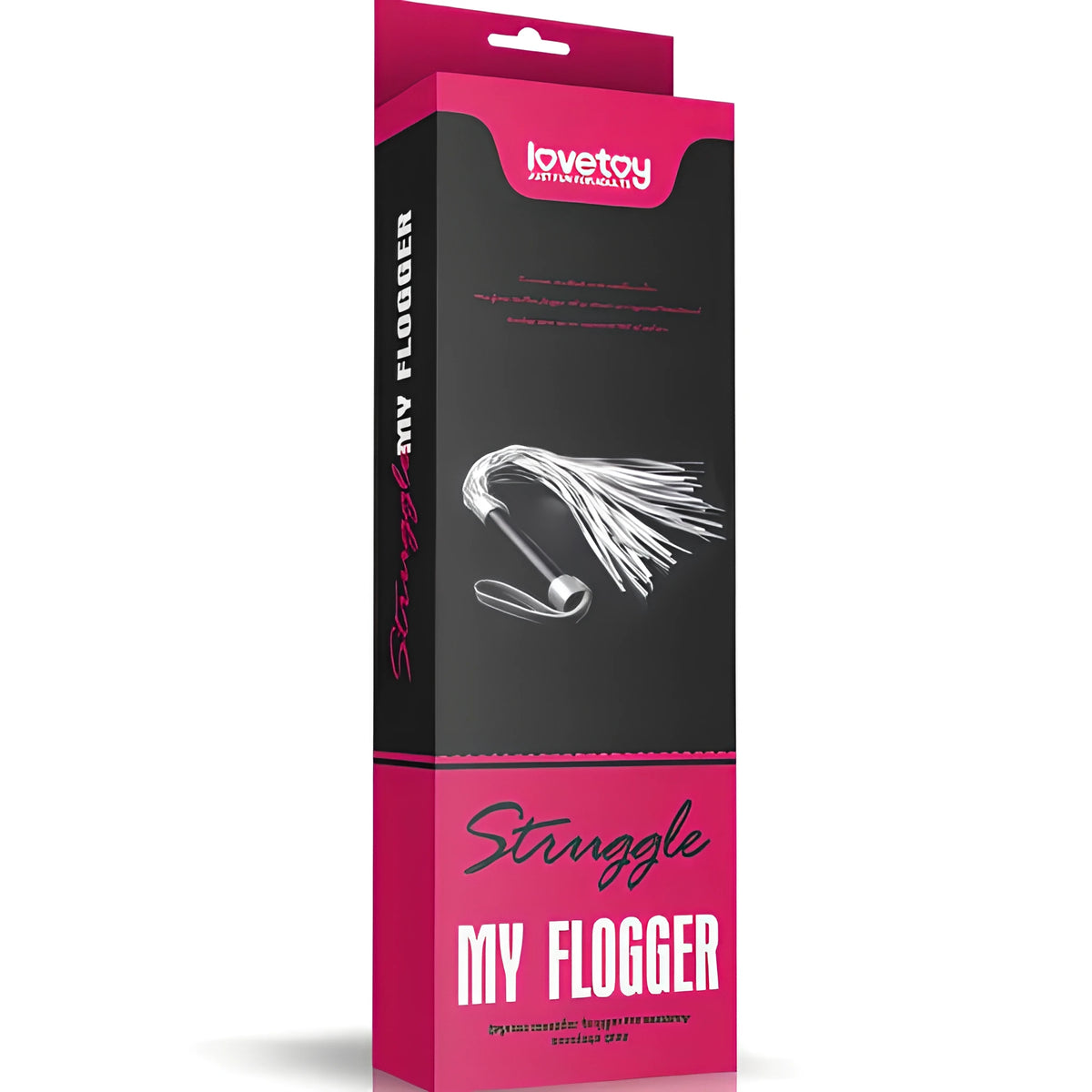 Розово-черна кутия на бич Struggle My Flogger на Lovetoy, на предния панел е изобразен бичът с бели ресни и дръжка с примка