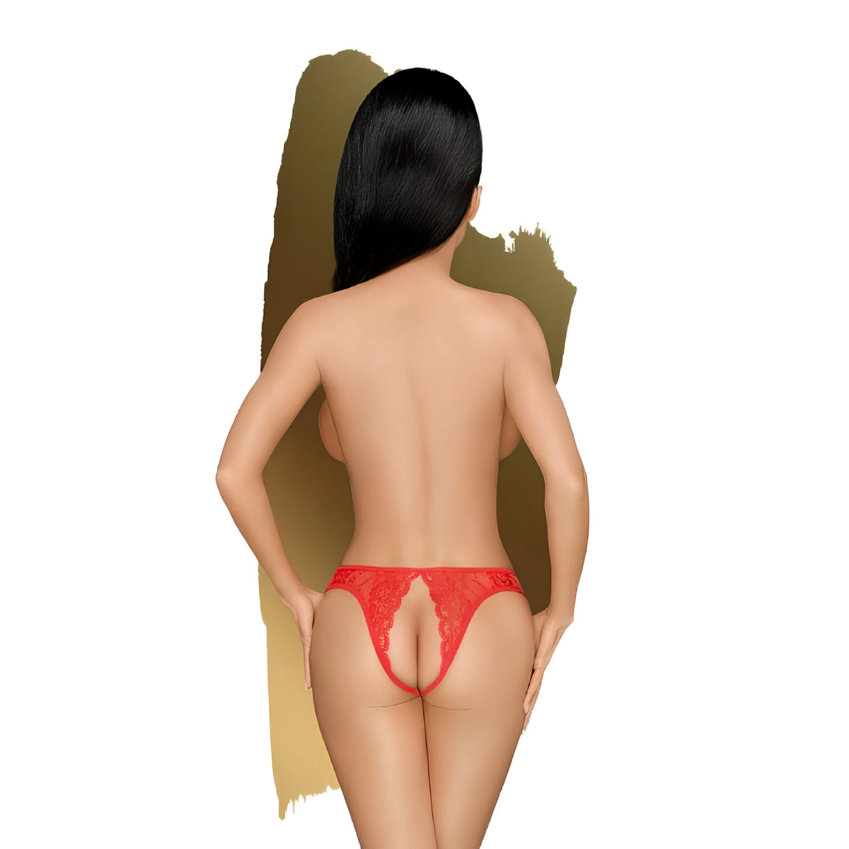 Бикини Naughty Valentine на Penthouse в червено дантелено изпълнение, показани отзад върху модел с дълга тъмна коса