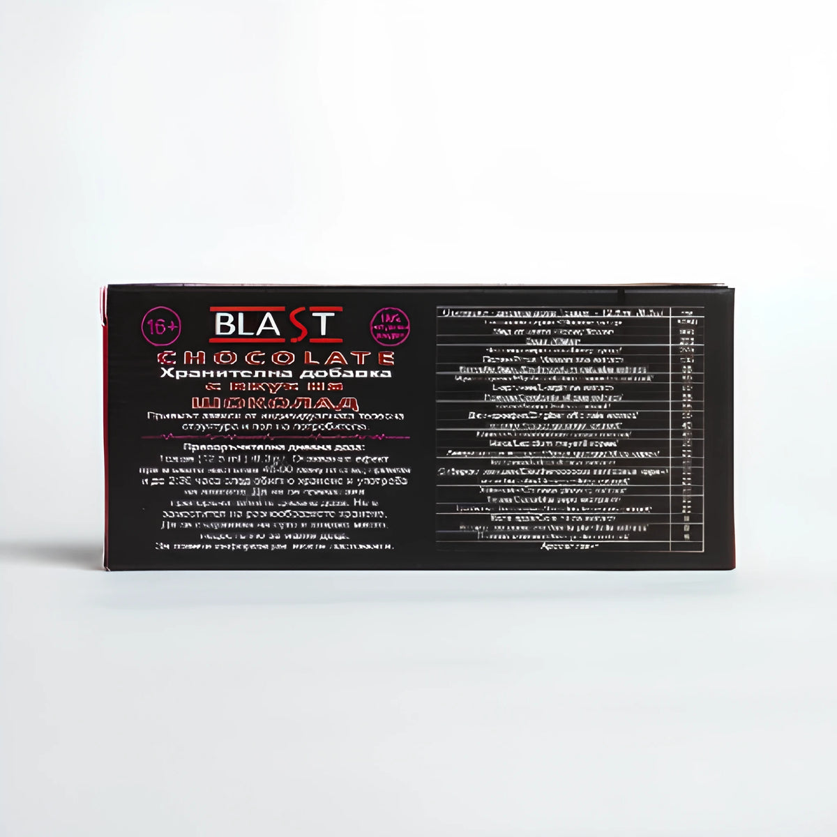 Blast Chocolate, хранителна добавка с вкус на шоколад: гърбът на черната кутия с указания за дозировка и таблица със състав