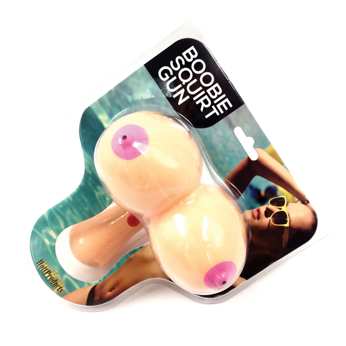 Bobie Squirt Gun в блистерна опаковка с картонена card с надпис Boobie Squirt Gun, телесен воден пистолет и фон край басейн