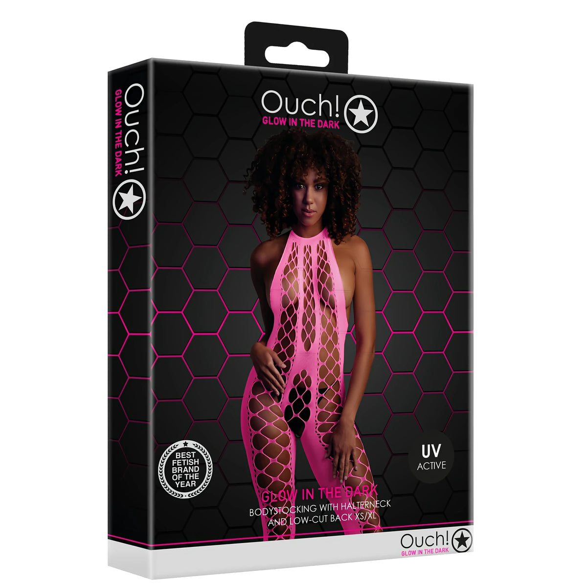 Черна кутия на Ouch! Glow in the Dark с модел в неоново розов бодистокинг с холтер, надпис UV Active и размери XS/XL