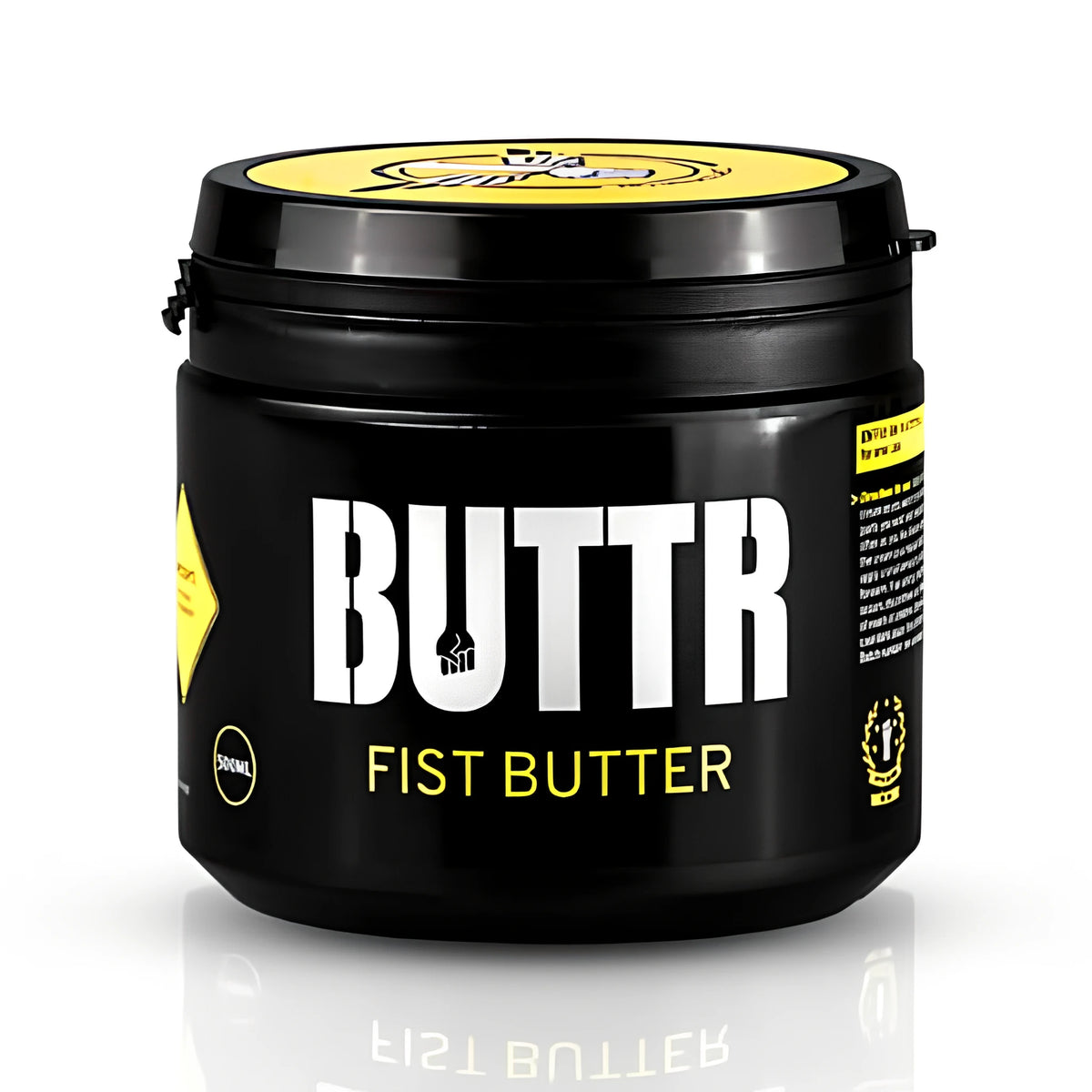Черна кутия BUTTR Fist Butter с жълт капак и бял надпис BUTTR, предна страна, 500 мл