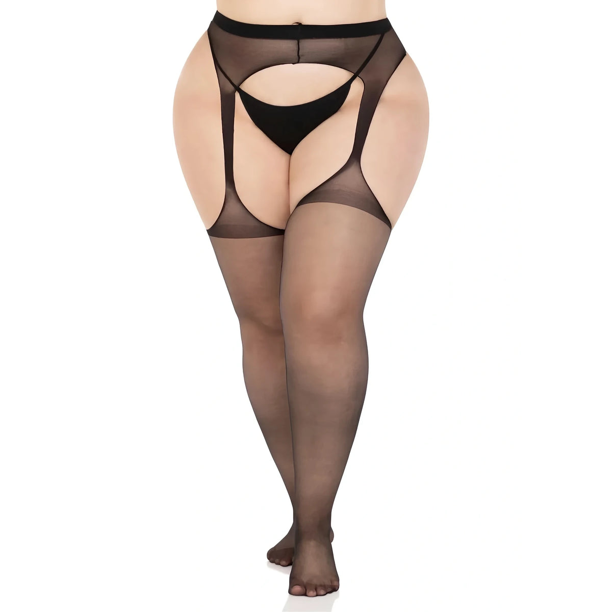 Черен прозрачен чорапогащник Leg Avenue Plus Size с отворен дизайн при ханша, изглед отпред върху модел в цял ръст