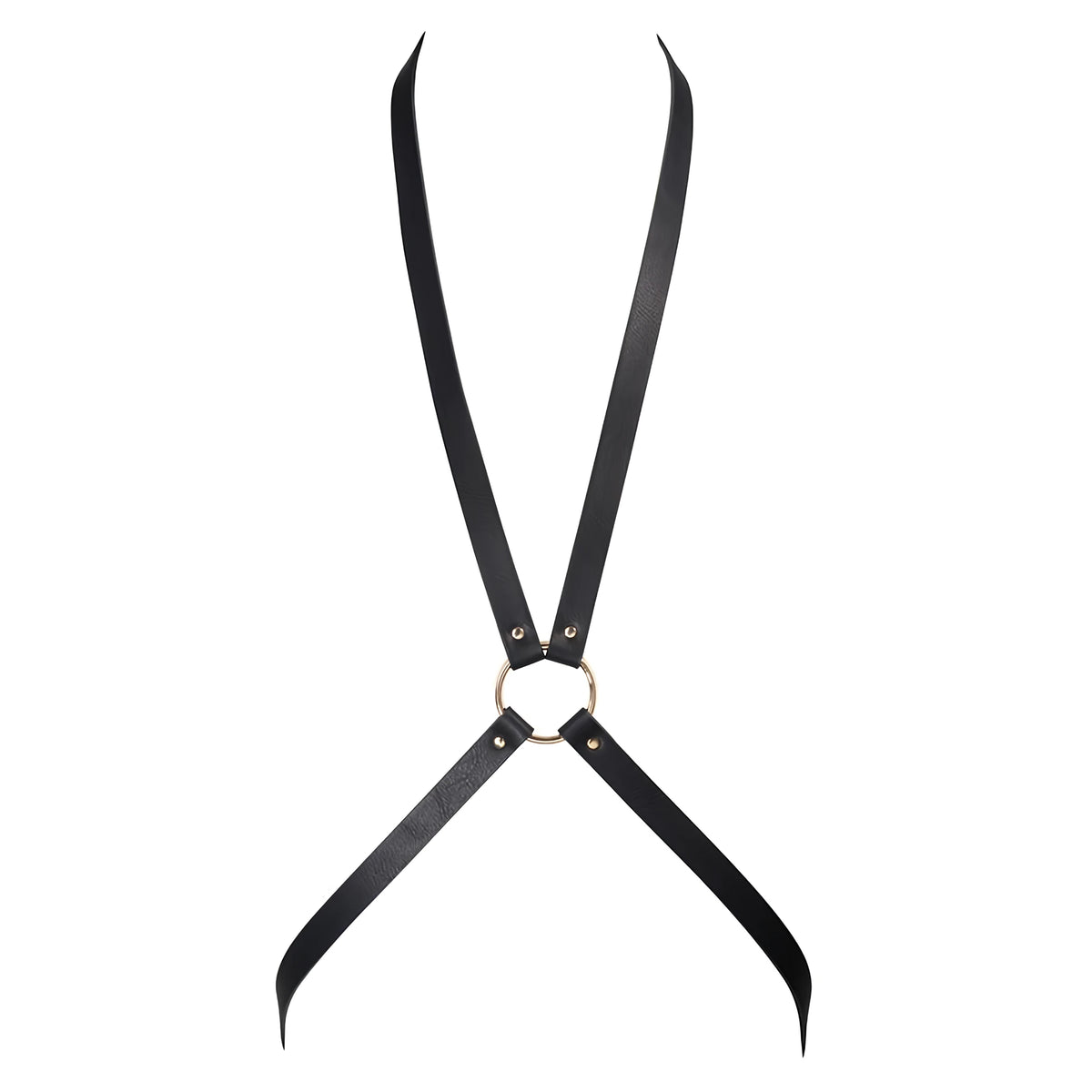 Дамски колан 8 harness на MAZE – черен харнес от тънки ремъци, събрани в златист пръстен в центъра, на бял фон
