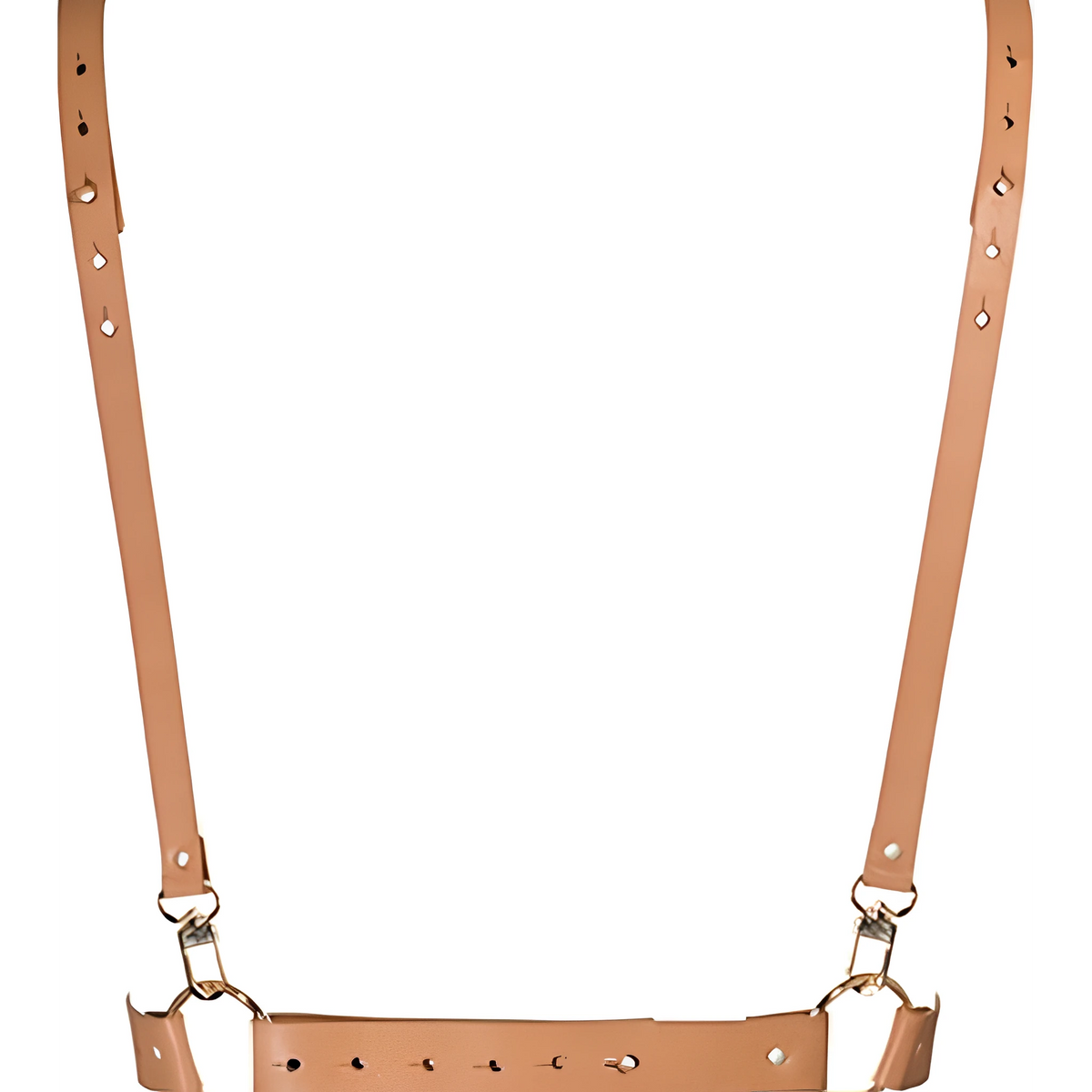 Дамски колан X harness на Bijoux Indiscrets от MAZE в кафяв цвят – изглед отпред с две дълги презрамки, метални халки и перфорирана лента