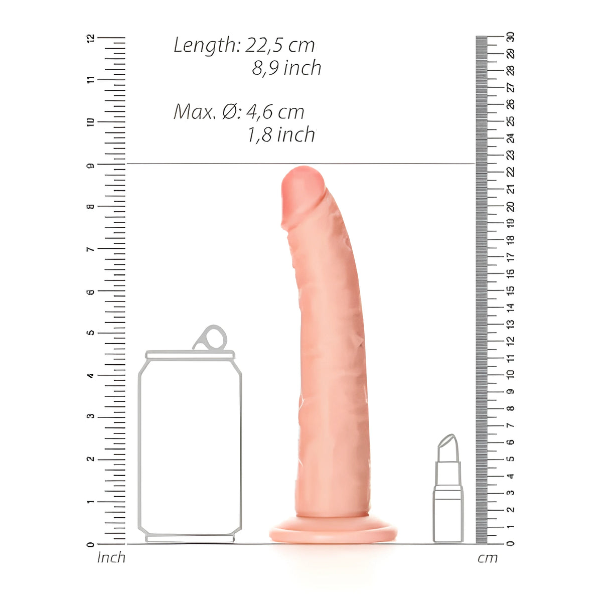 Размерна схема на Real Rock Slim Realistic в телесен цвят: дължина 22,5 cm, макс. диаметър 4,6 cm, до линийки и контури на кенче и червило