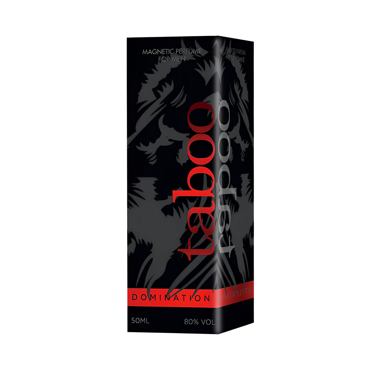 Черна кутия на парфюм Taboo Domination 50 мл за мъже с червен надпис taboo, червена лента и сива шарка, поглед отстрани
