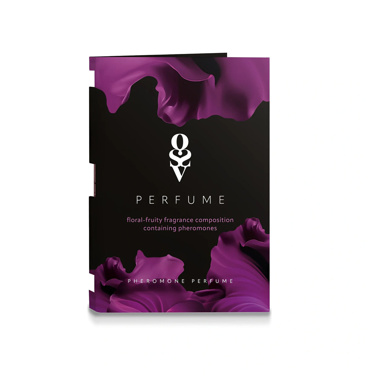 Черна кутийка-проба с лилави вълнообразни шарки и надписи PERFUME и Pheromone Perfume за феромонен парфюм Floral-fruity, 1 мл