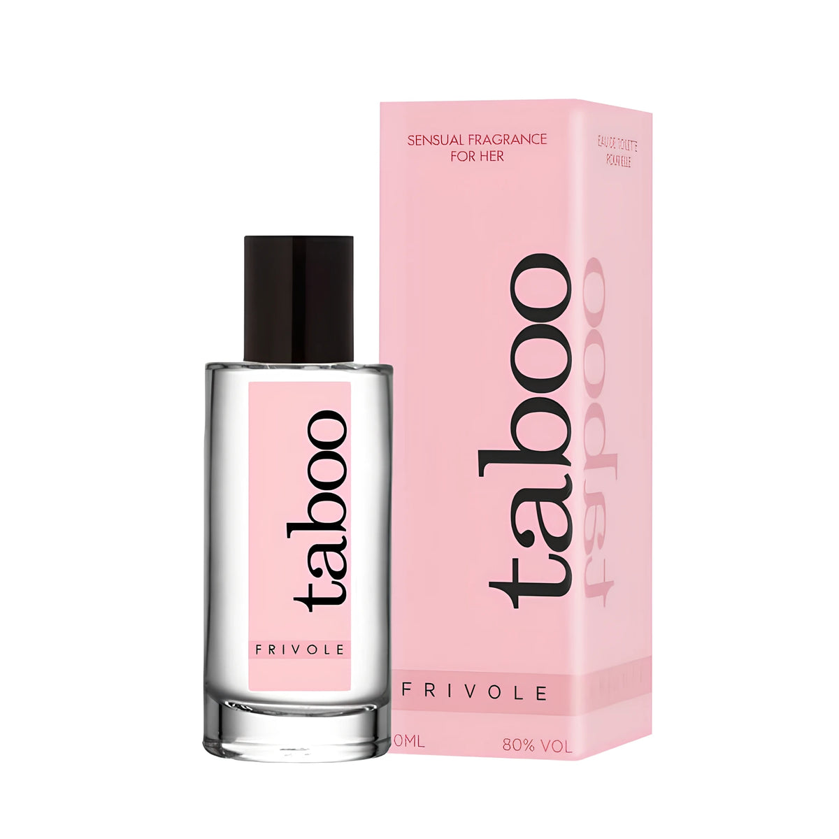 Флакон Taboo Frivole с черна капачка до розовата си кутия с надпис „Sensual fragrance for her“, 50 мл, 80% vol