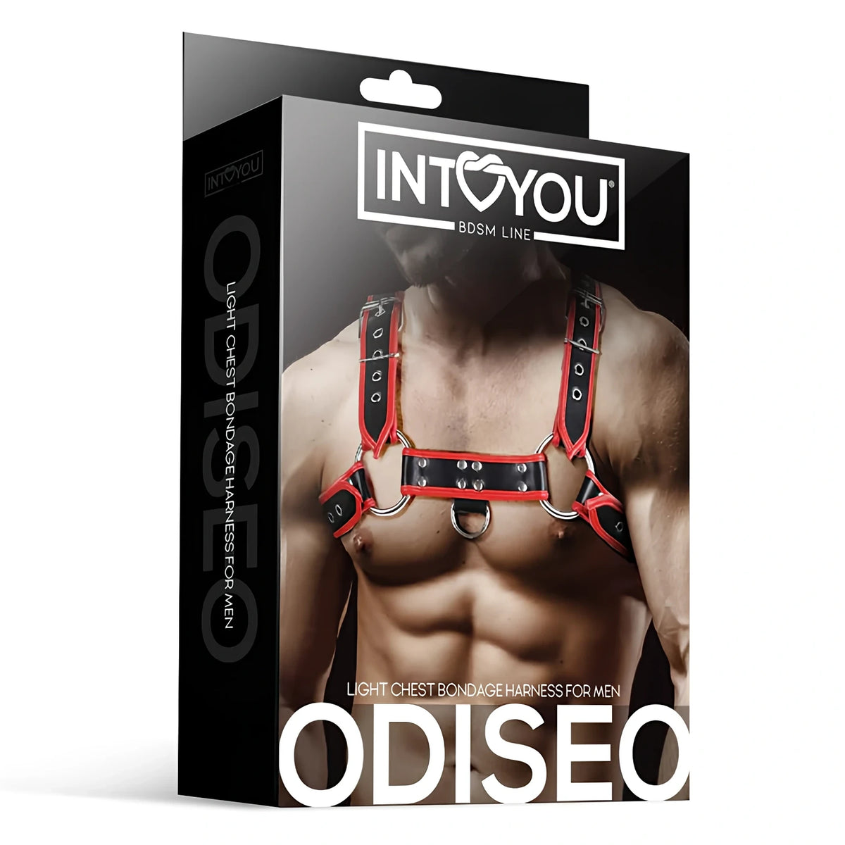 Черна кутия на харнес Odiseo на IntoYou, BDSM Line, с мъж, носещ черен харнес с червени кантове, и надпис Light chest bondage harness for men