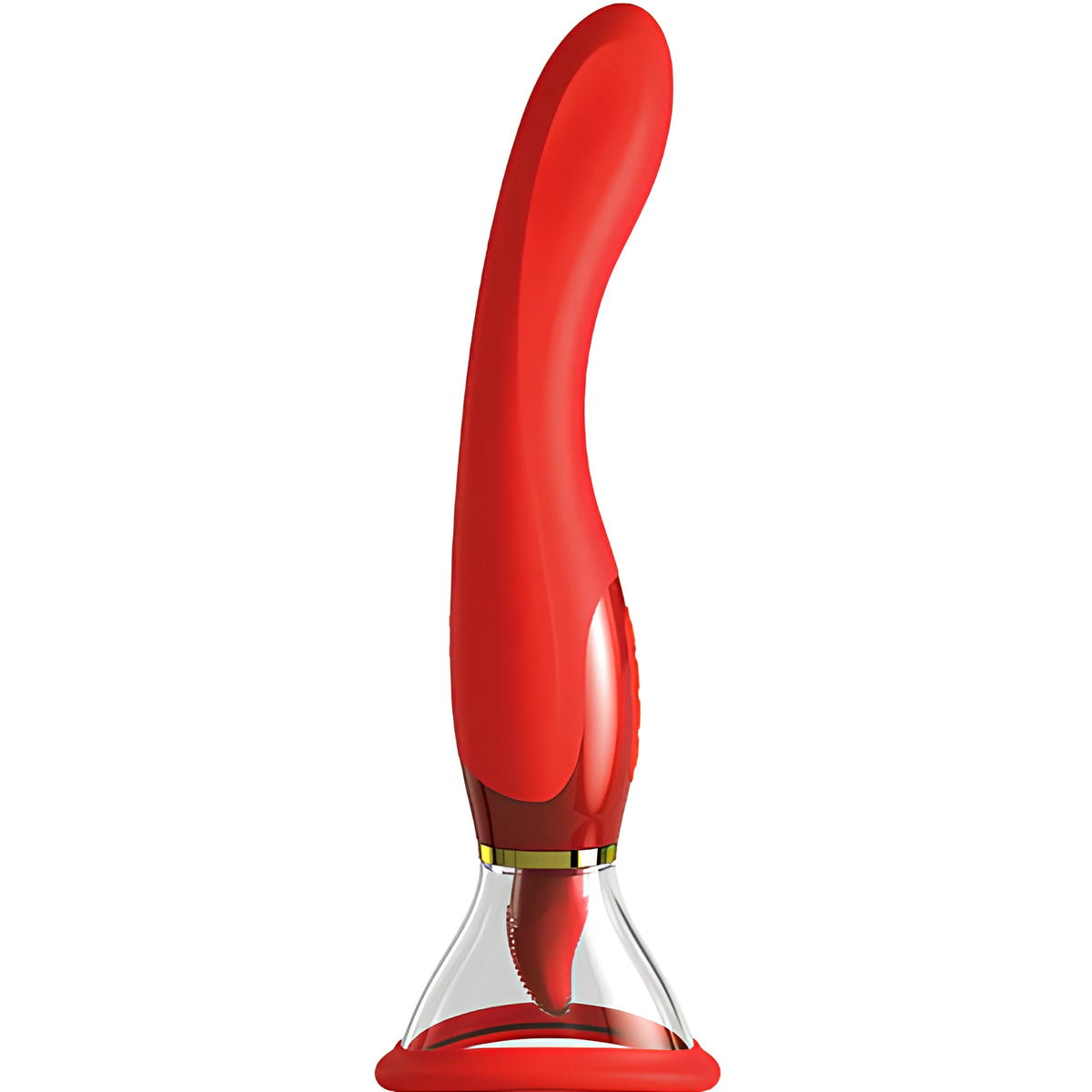 Her Ultimate Pleasure 24K Gold на Pipedream: червен силиконов уред с извит корпус, златист пръстен и прозрачна накрайна чашка, изглед отстрани