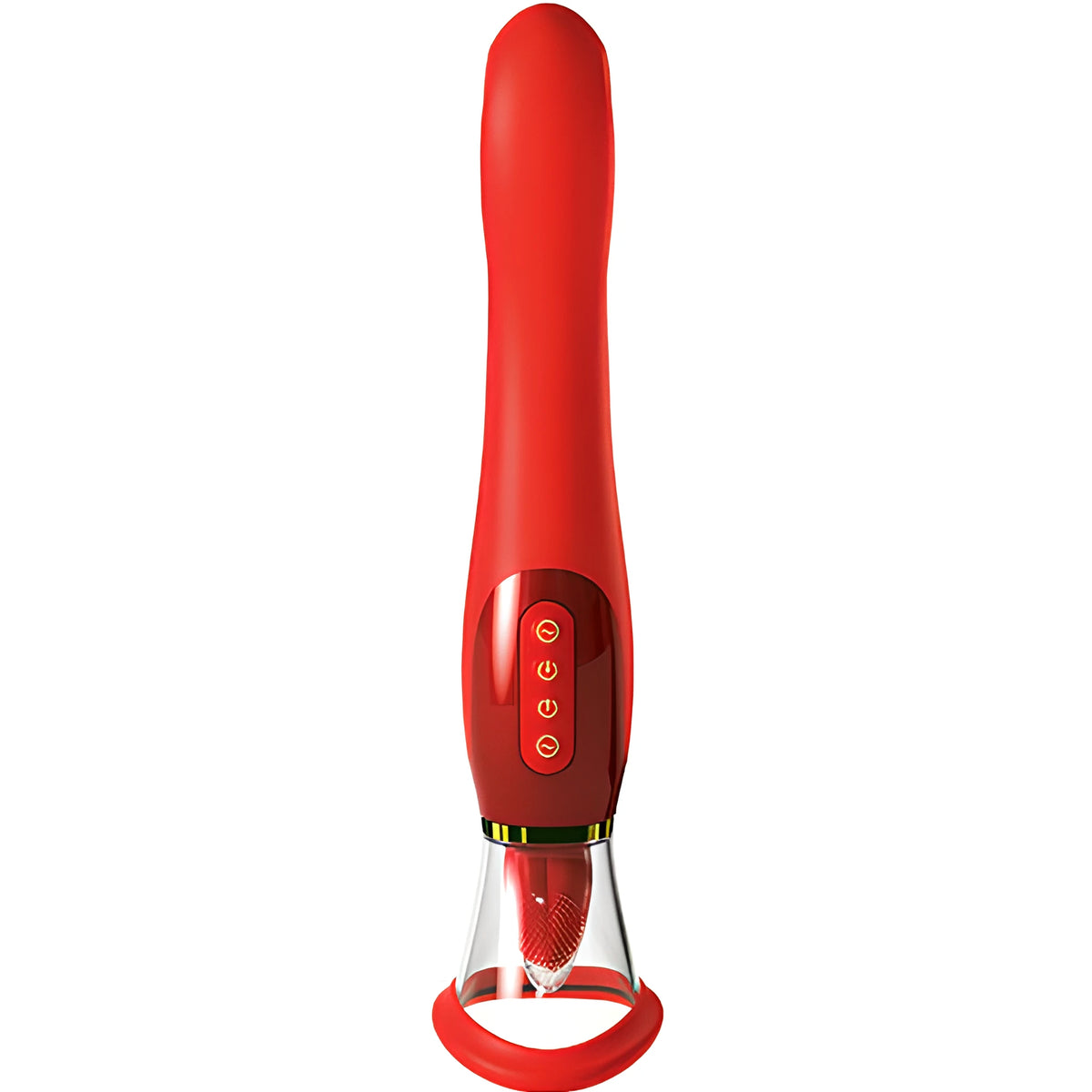 Her Ultimate Pleasure 24K Gold на Pipedream в червено, отпред: четири бутона за управление и прозрачна накрайник-чашка в основата