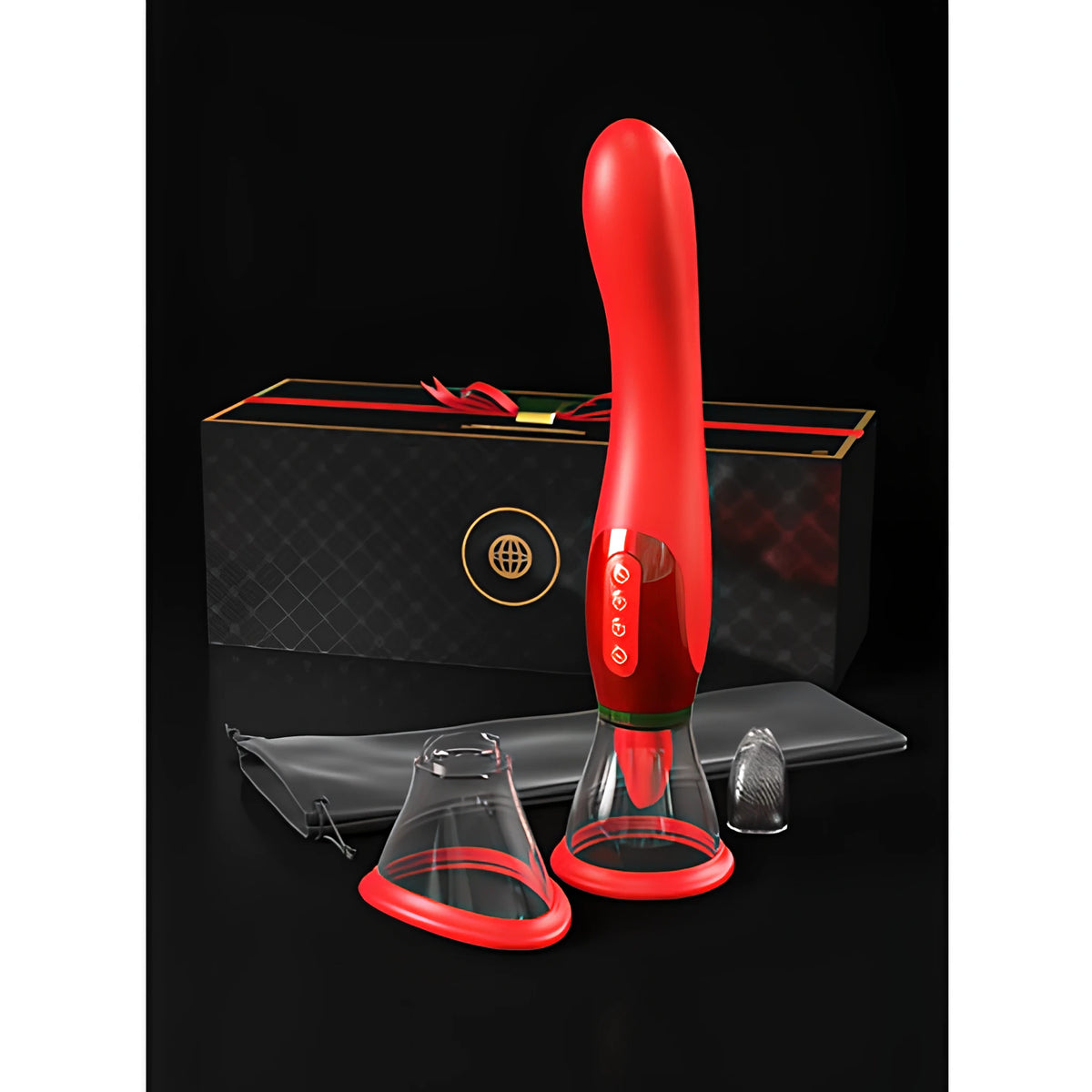 Her Ultimate Pleasure 24K Gold на Pipedream в червено с бутони за управление, до черна подаръчна кутия, две прозрачни накрайници и торбичка