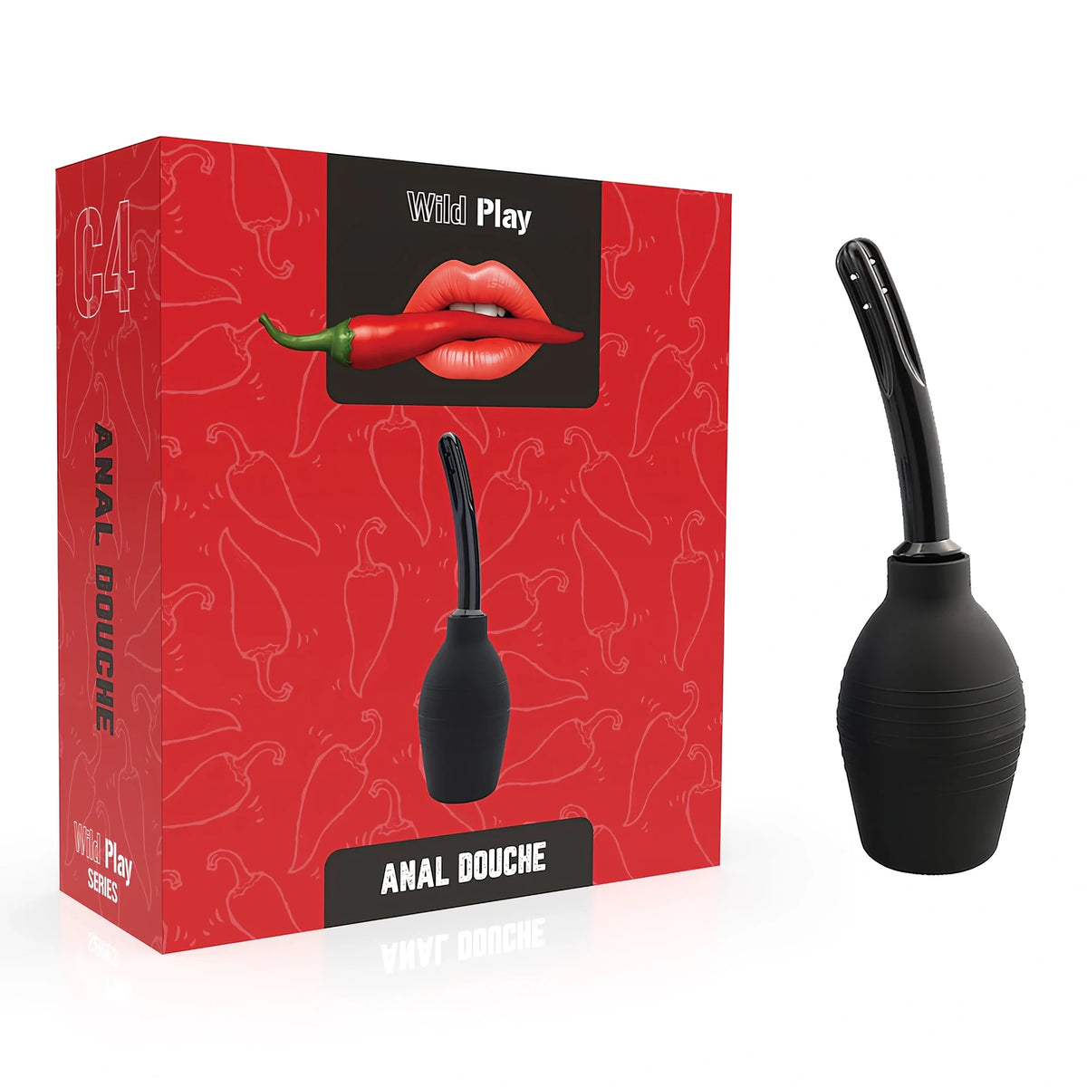 Интимен душ Wild Play C4 с черна гумена круша и извита приставка до червената кутия с надпис Anal Douche и чушки