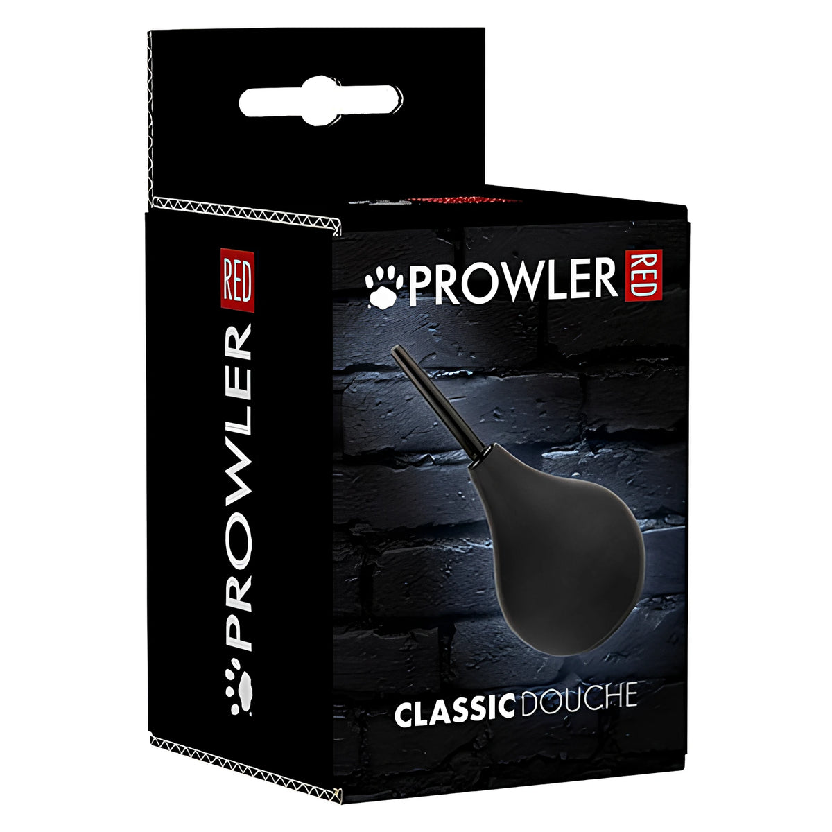 Черна кутия на Интимен душ Prowler Large под ъгъл, с надпис Prowler Red Classic Douche и черна гумена круша на фона на тухлена стена