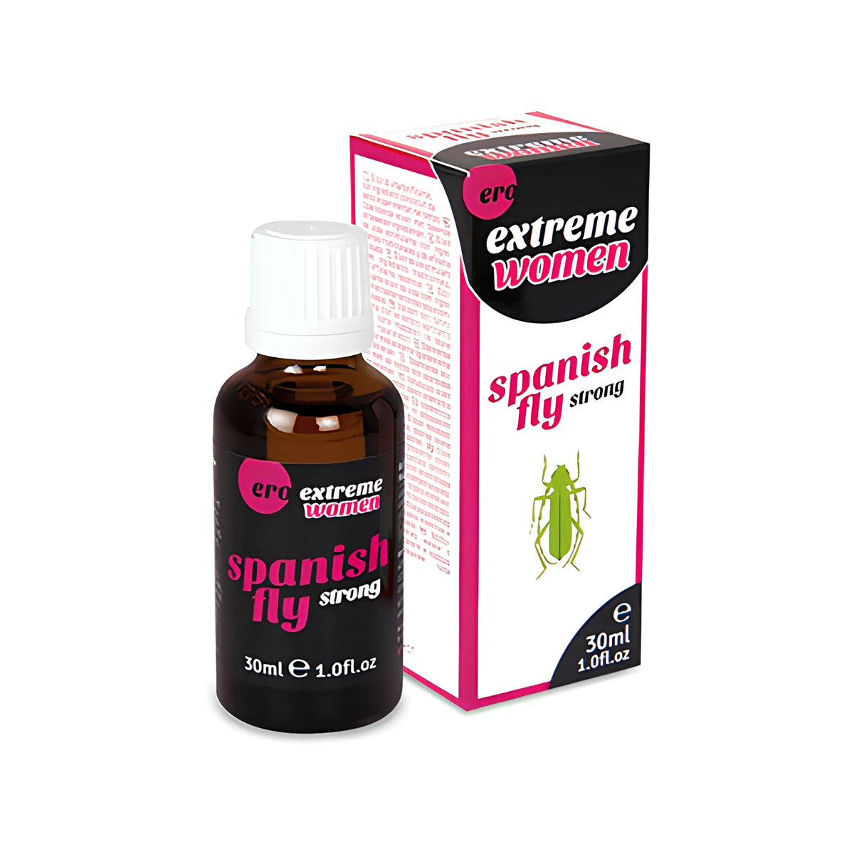 Тъмно стъклено шишенце с бяла капачка до розово-бяла кутия на Ero Extreme Women Spanish Fly Strong, 30 ml, със зелен бръмбар