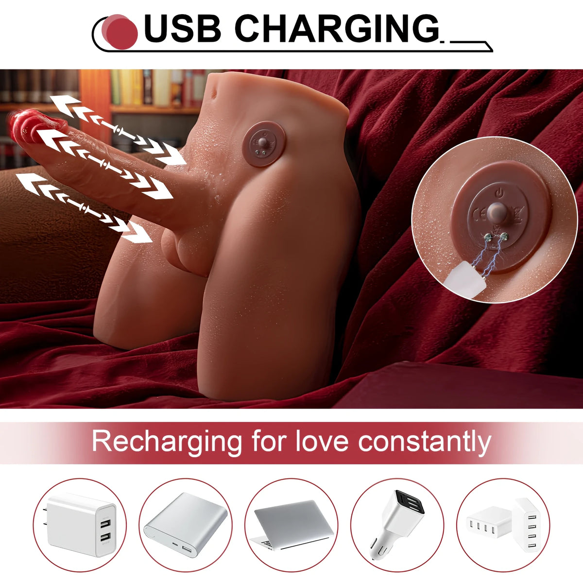 Инфографика за USB зареждане на Mistress Jason: магнитен кабел до порта на торса и пет източника на захранване отдолу