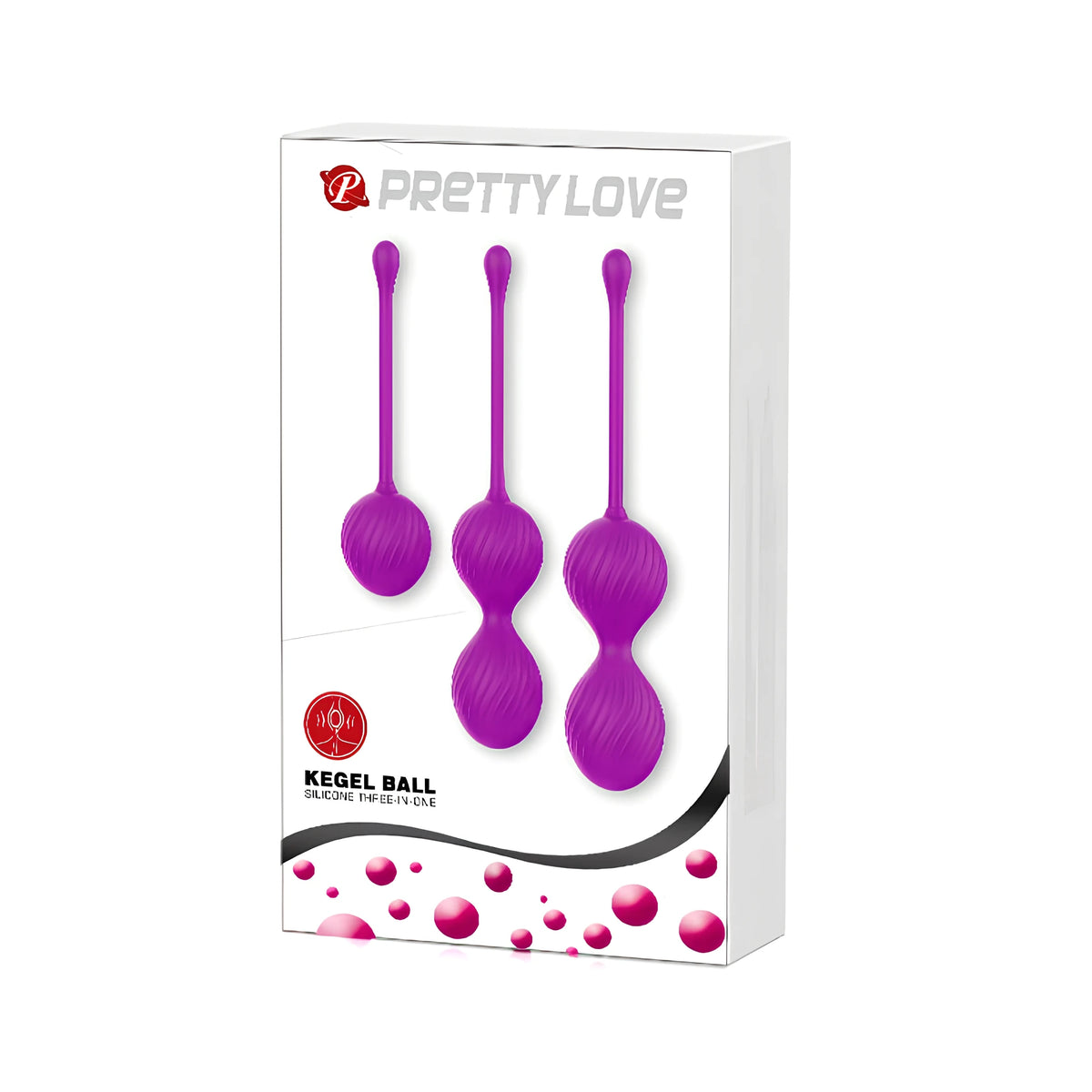 Опаковка на Кегел топчета 3в1 Pretty Love с три лилави силиконови топчета с връзка, различни по големина, и надпис Kegel Ball