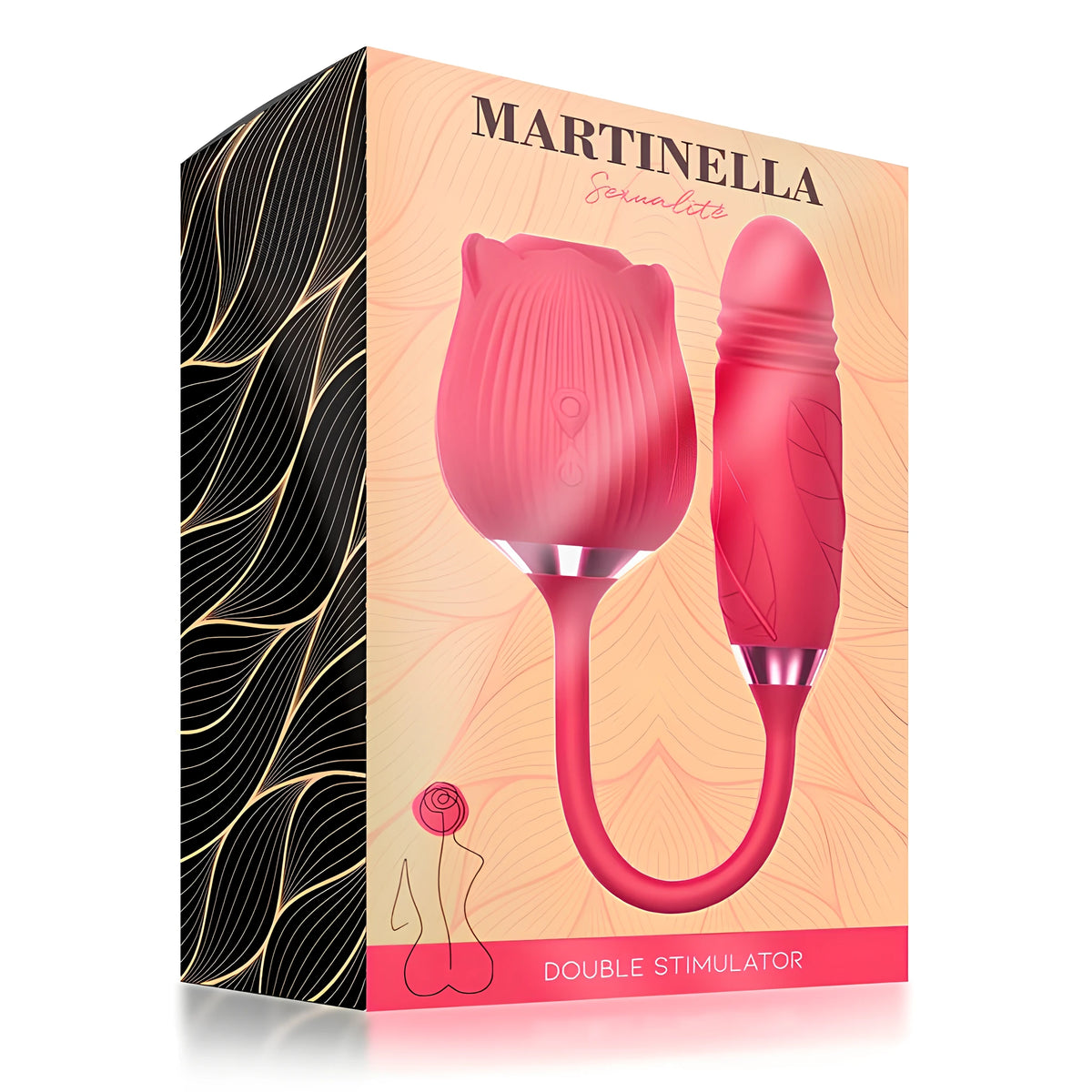 Кутия на Martinella Double Stimulator с розов уред във форма на роза и мини вибратор, свързани с гъвкав кабел, върху златист фон