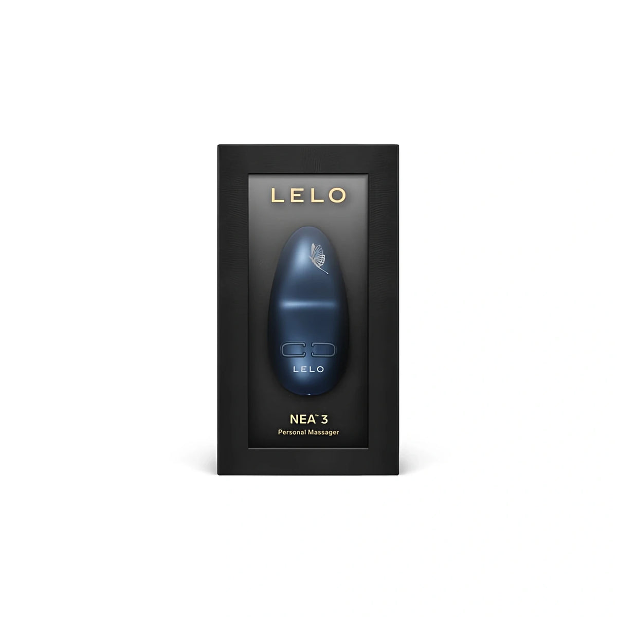 Черна кутия на LELO Nea 3 Personal Massager с прозорец, през който се вижда масажърът в тъмносин цвят Alien Blue