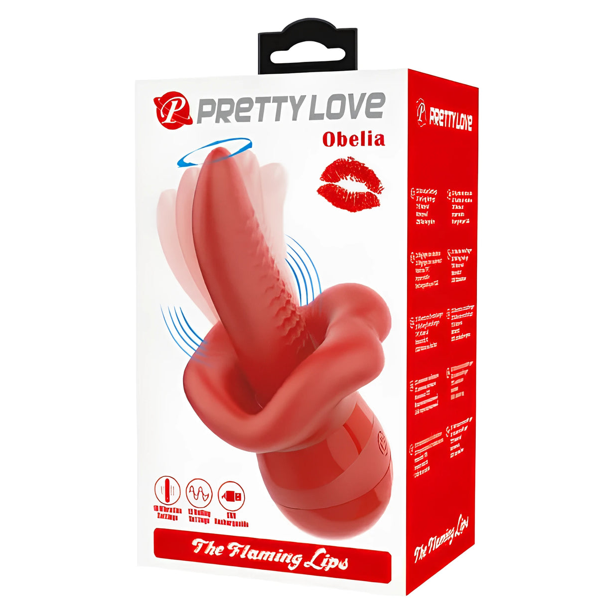 Червена кутия на Pretty Love Obelia с надпис „The Flaming Lips“, червен силиконов стимулатор и три иконки с функции