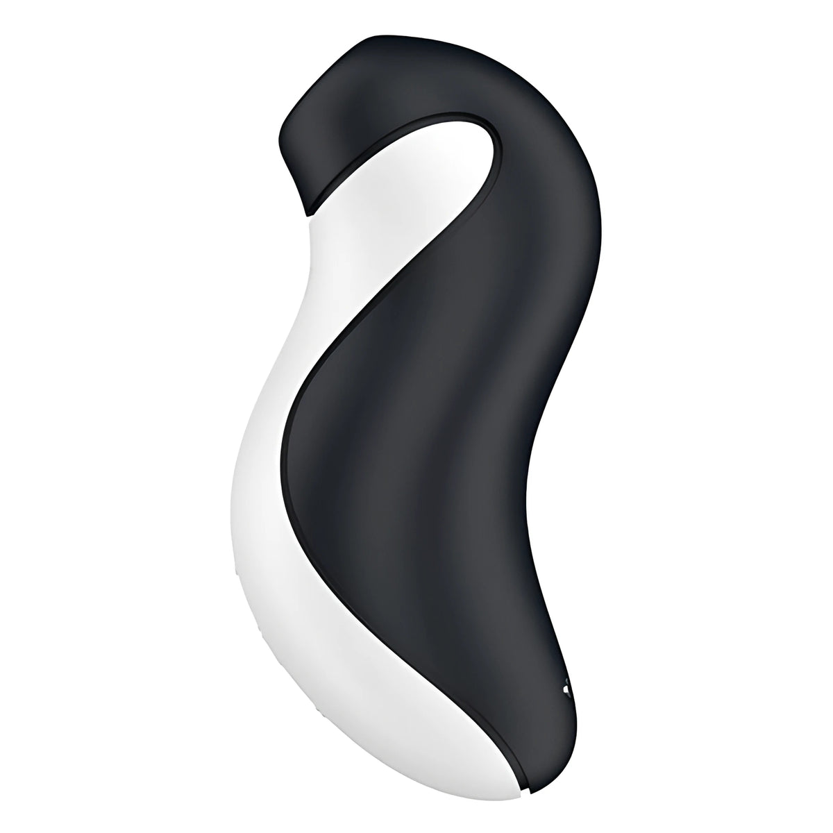 Satisfyer Orca в черно и бяло – странично изглед на извития корпус с гладка повърхност на бял фон