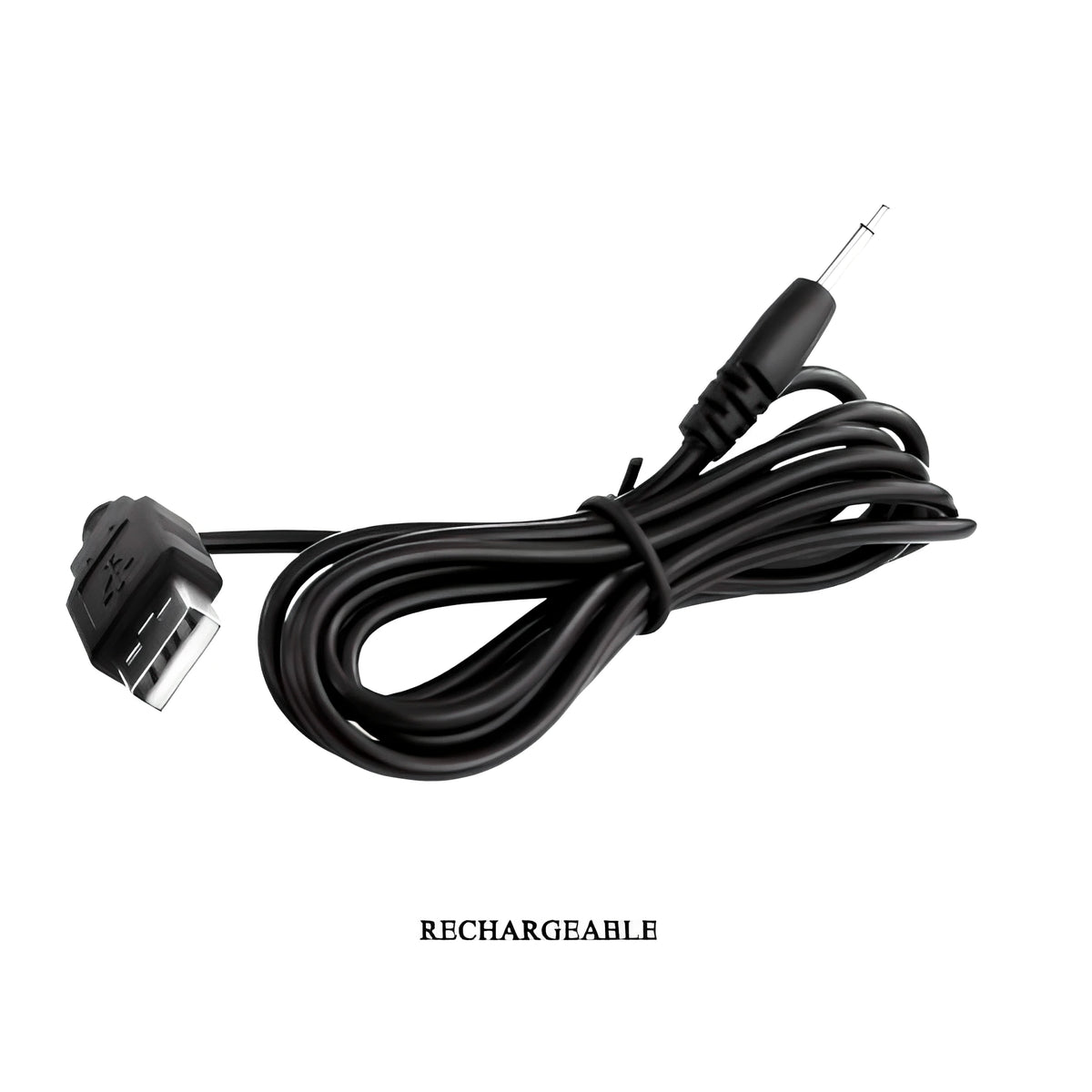 Черен USB кабел за зареждане на Клитор стимулатор Otis на Pretty Love, навит и прихванат, с надпис „Rechargeable“