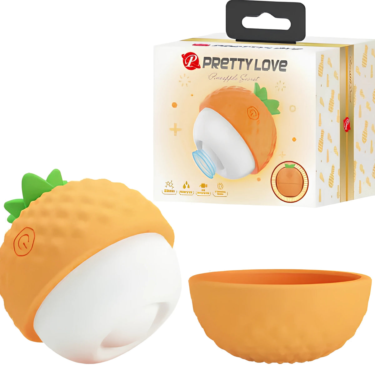 Pineapple Secret на Pretty Love във формата на ананас: оранжев силиконов корпус с бяла глава, до него капак и кутията на продукта