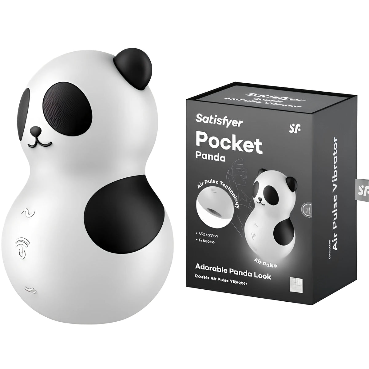Satisfyer Pocket Panda в бяло и черно с форма на панда, до тъмносива кутия с надпис Pocket Panda и Air Pulse Vibrator