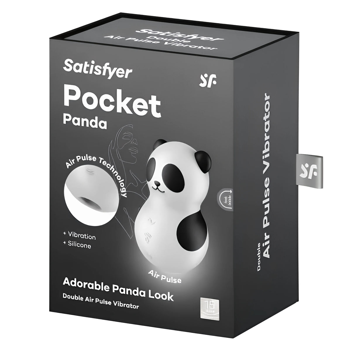 Тъмносива кутия на Satisfyer Pocket Panda с фигурка на панда, надпис Air Pulse Technology и Double Air Pulse Vibrator
