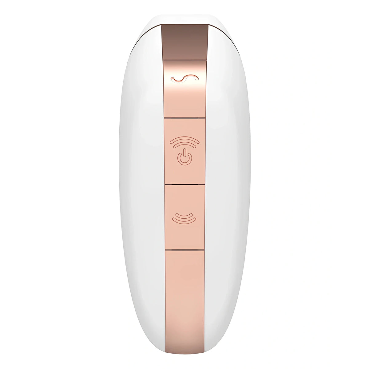 Satisfyer Love Triangle White – изглед отгоре към бялото тяло с розовозлатиста лента с четири бутона и символи за управление