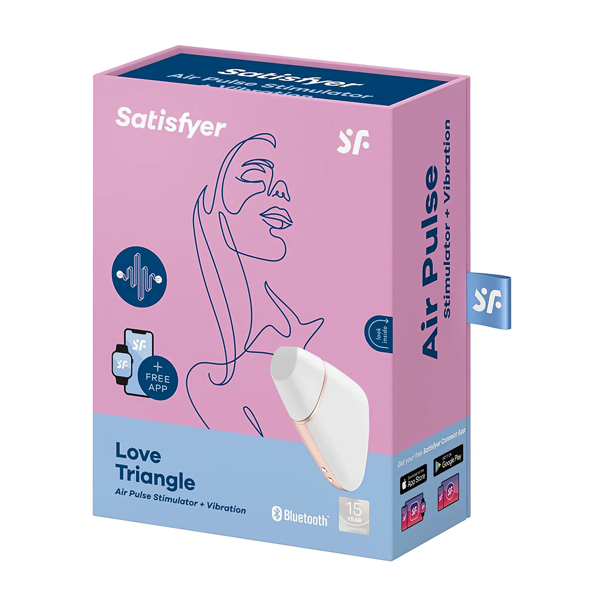 Розово-синя кутия на Satisfyer Love Triangle White с бял стимулатор, линеен портрет, Bluetooth, безплатно приложение и 15 години гаранция