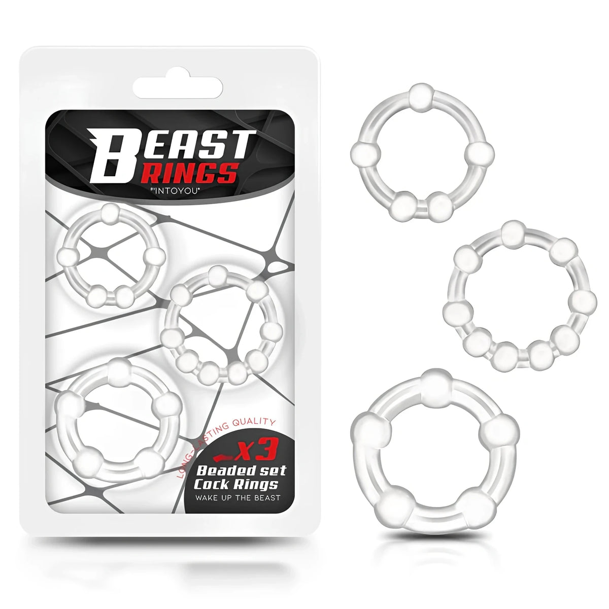 Опаковка Beast Rings на IntoYou с три прозрачни пръстена с топчета, а до нея трите пръстена в различни размери