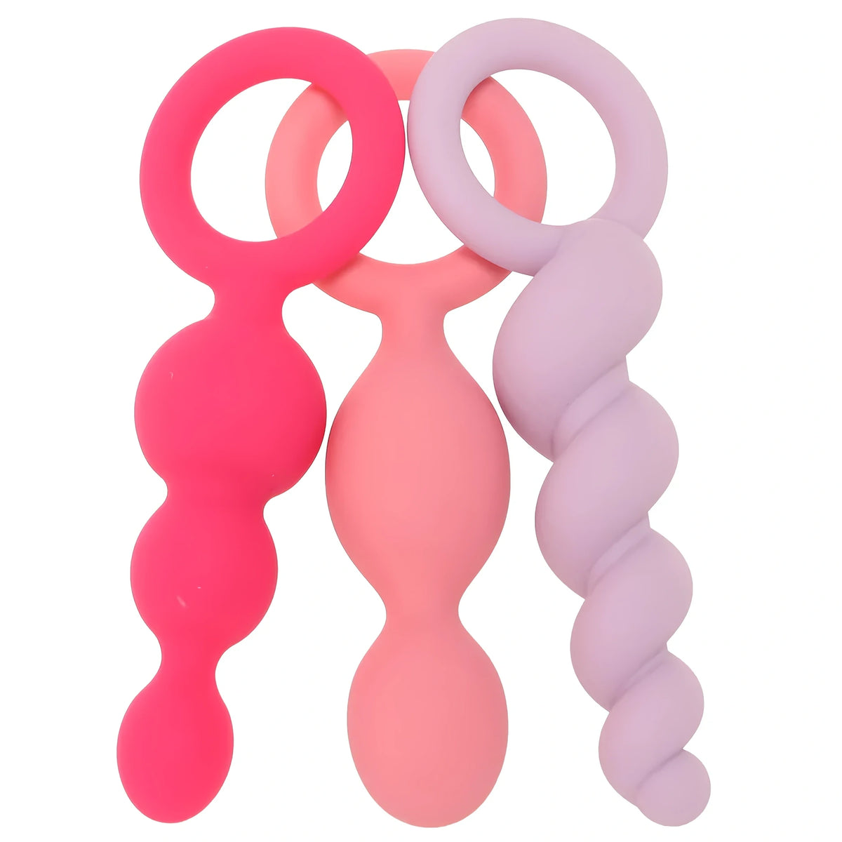 Трите силиконови анални разширители от комплекта Satisfyer с халки за хващане – тъмнорозов, прасковен и светлолилав със спираловидна форма
