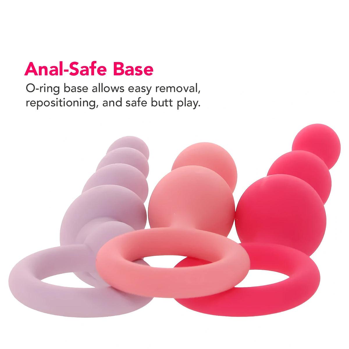 Три силиконови анални разширителя Satisfyer в лилаво, прасковено и розово с О-образна основа и текст „Anal-Safe Base“