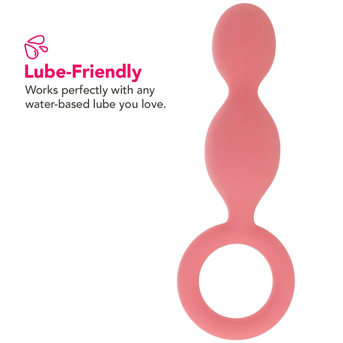 Розов силиконов анален разширител Satisfyer с пръстен за хващане и инфографика „Lube-Friendly“ – подходящ за лубриканти на водна основа