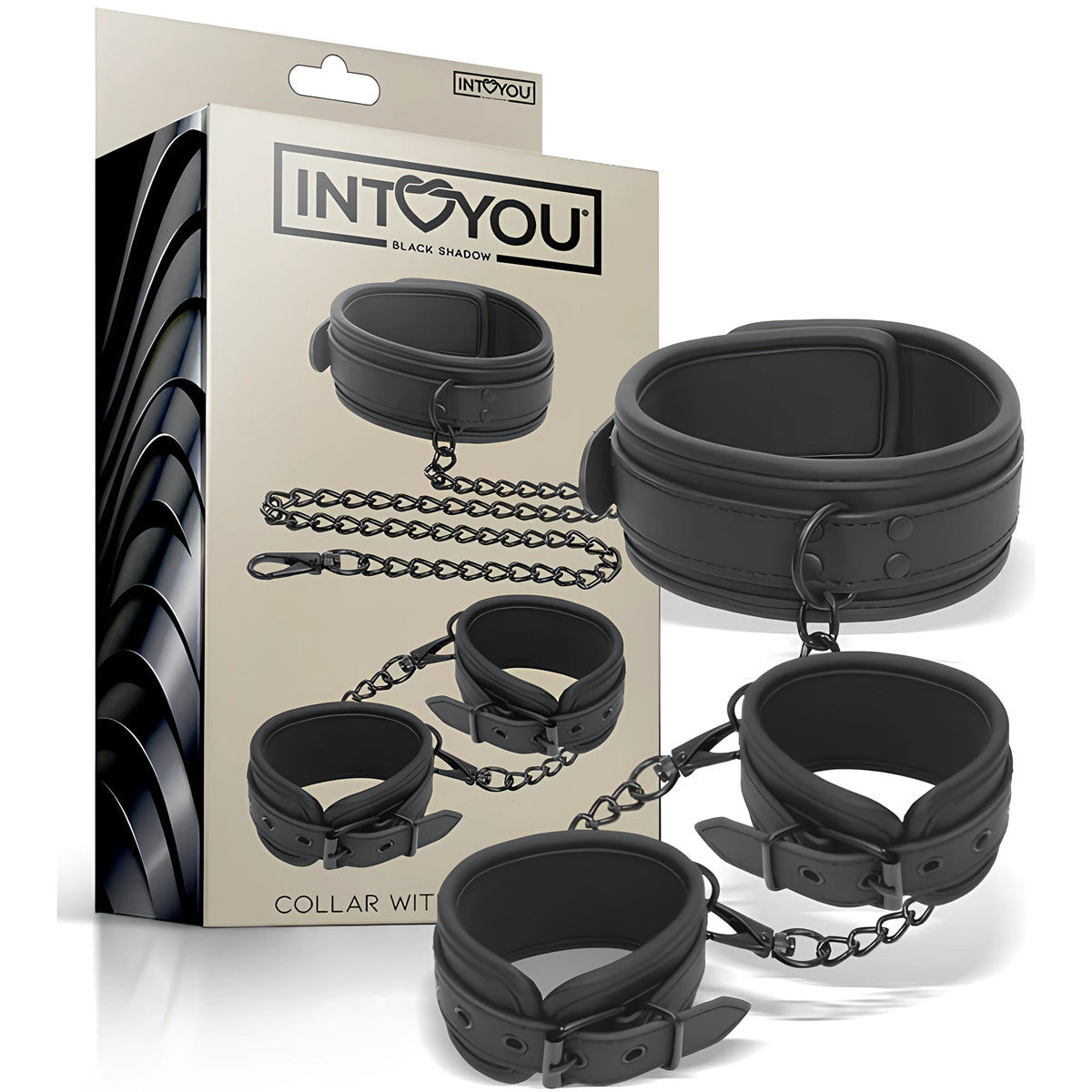 Комплект Black Shadow на IntoYou: кутия и черен нашийник с две маншети, свързани с метални вериги