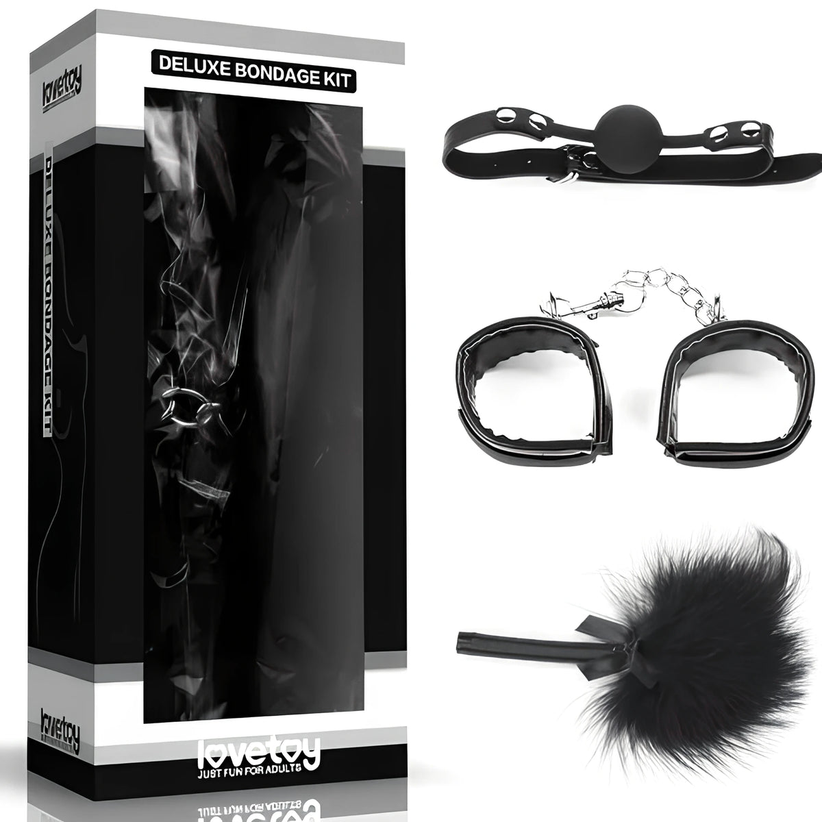 Комплект Deluxe Bondage Kit Black III на Lovetoy: черна кутия и до нея топка с каишка, white белезници с верига и пухкава перушина