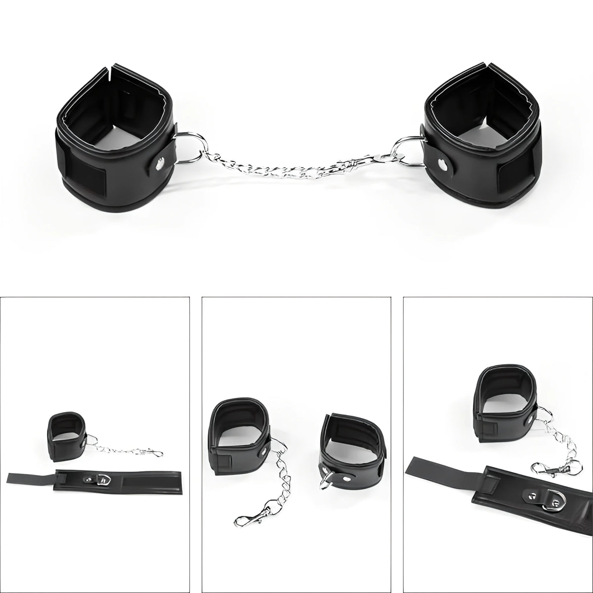 Комплект Deluxe Bondage Kit Black III на Lovetoy: две черни меки маншети със сребристи халки, свързани с метална верижка, и три малки кадъра с детайли