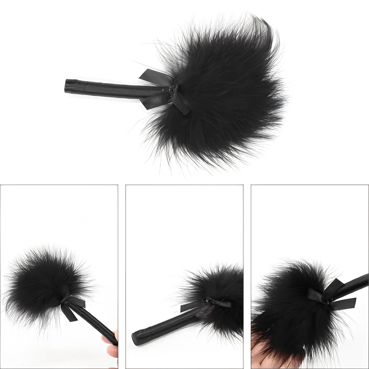 Черна пухкава перушина с гладка дръжка и малка панделка от комплект Deluxe Bondage Kit Black III на Lovetoy, показана отгоре и в три близки кадъра