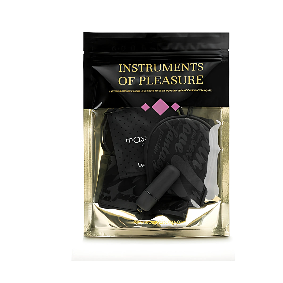 Опаковка на комплект Instruments of Pleasure на Bijoux Indiscrets с прозрачен прозорец, през който се виждат черна превръзка за очи, маска и малък вибратор